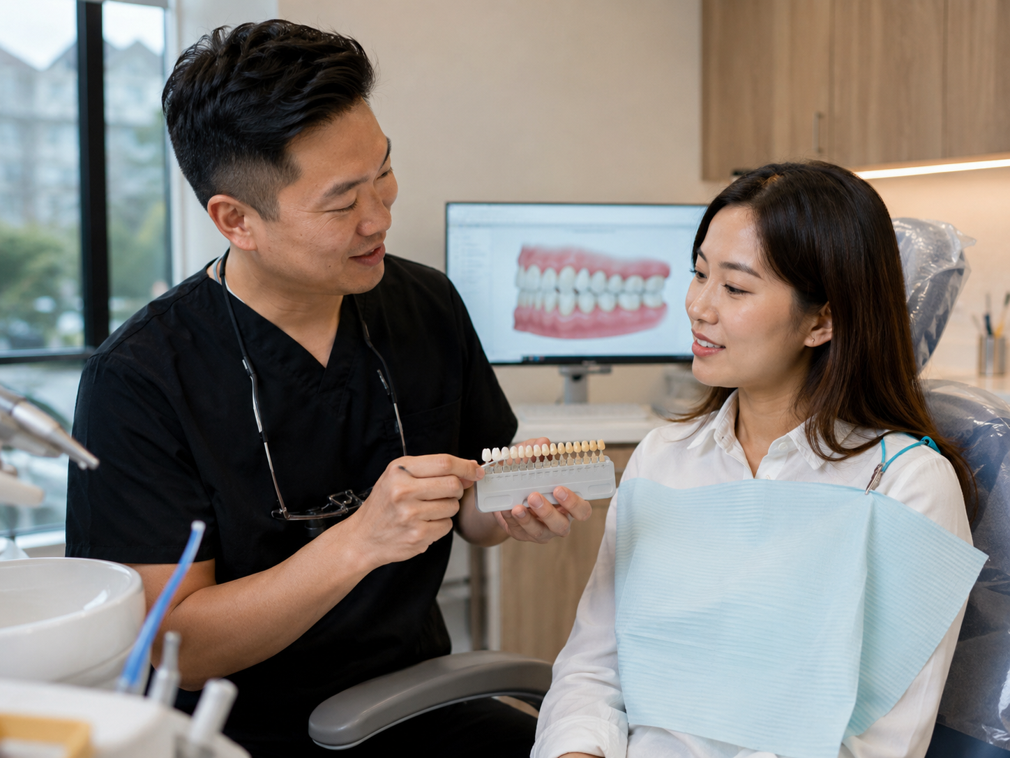 Dentist explaining BIOCLEAR dental bonding treatment to a patient in Burnaby