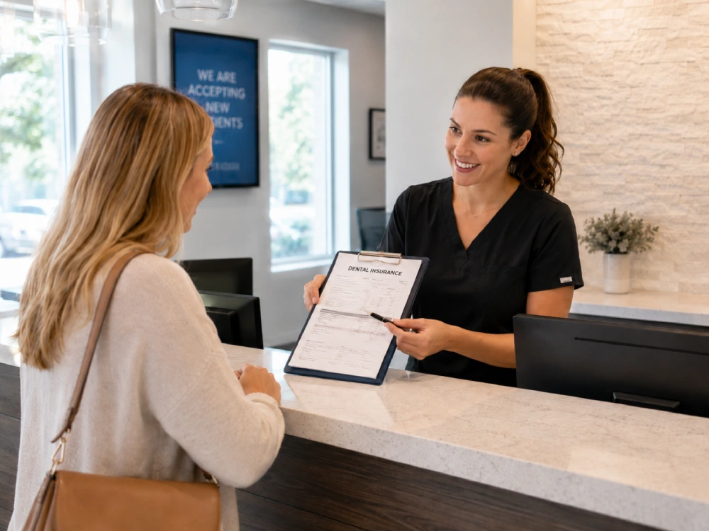 Patient discussing Canadian Dental Care Plan coverage with a dental team member in Burnaby